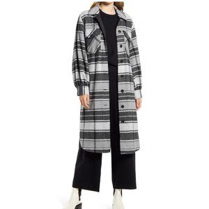 Halogen Long Plaid Shirt Jacket Black Grey Park Plaid Wool Blend Oversized XS
